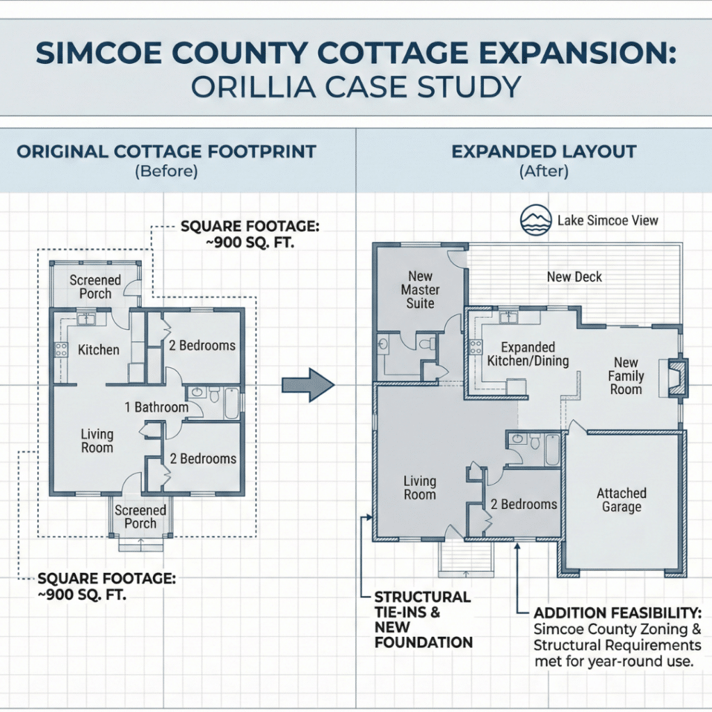 Cottage renovations and additions in Orillia floor plan expansion comparison showing original footprint beside expanded square footage layout.