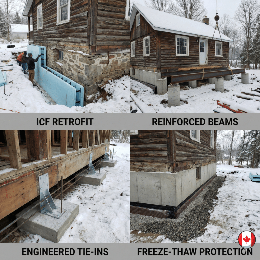 Cottage renovations and additions in Orillia showing ICF foundation retrofit and structural beam reinforcement during waterfront upgrade in Simcoe County.