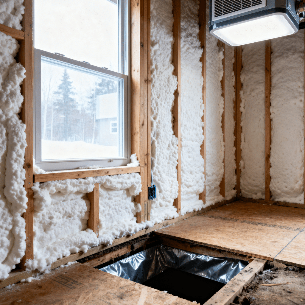 Cottage renovations and additions in Orillia showing winterization retrofit with spray foam insulation, sealed crawl space, and HVAC upgrade for four-season living in Simcoe County.