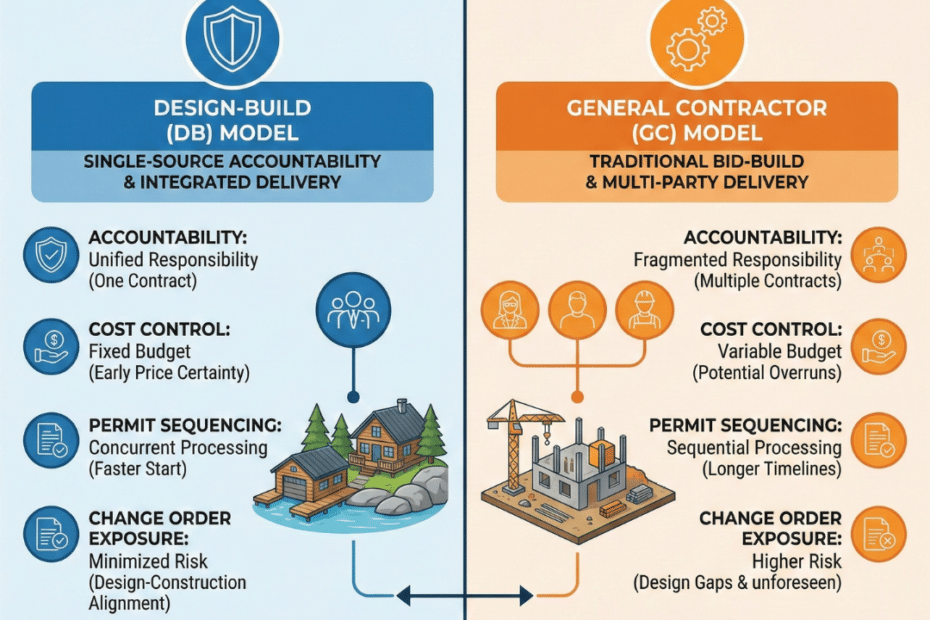 Design-build vs general contractor Muskoka comparison chart showing accountability, budget alignment, permit coordination, risk allocation, and waterfront integration differences.