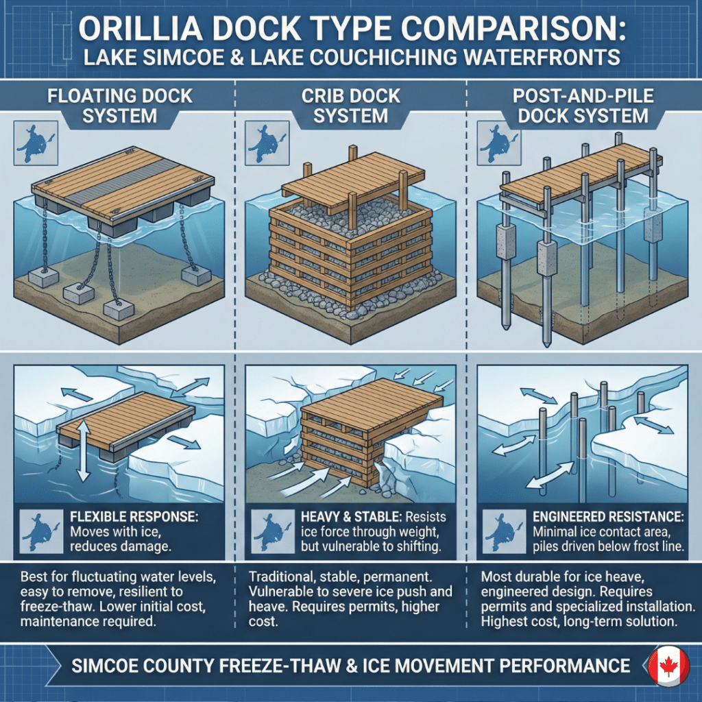 Dock construction in Orillia comparison showing floating dock, crib dock, and post and pile dock systems designed for Lake Simcoe and Lake Couchiching waterfront conditions.