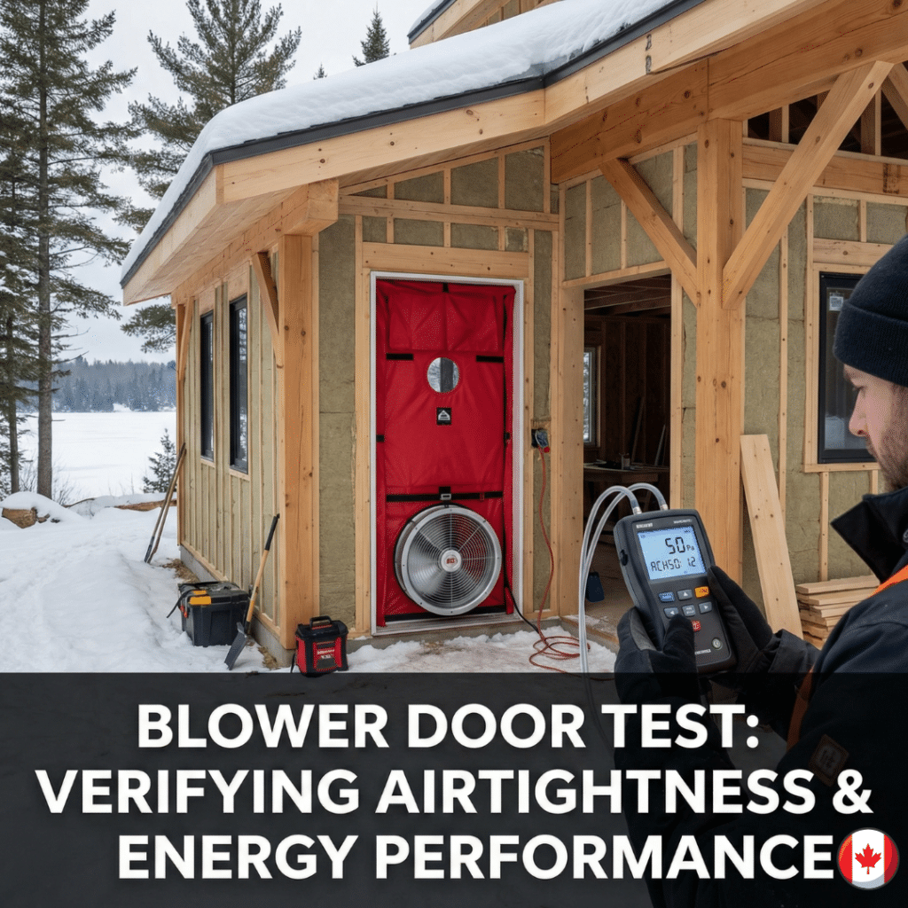 Energy efficient cottage building Ontario blower door test setup with red fan and digital manometer measuring airtightness for Ontario Building Code compliance.