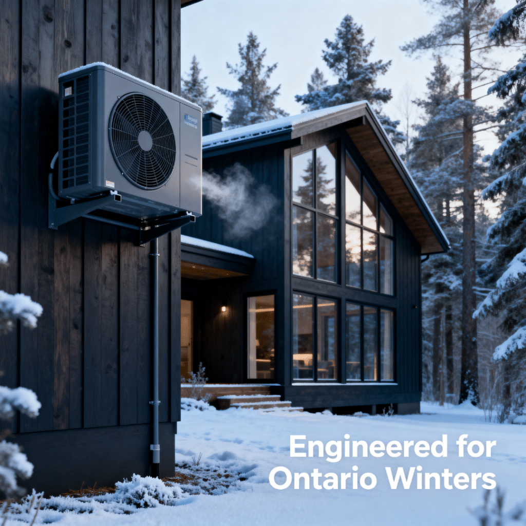 Energy efficient cottage building Ontario example showing a cold-climate air-source heat pump installed outdoors in winter for all-electric HVAC performance.