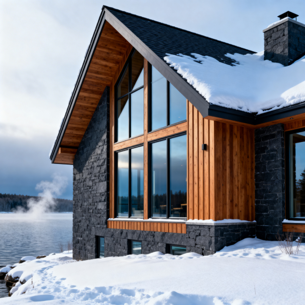 Energy efficient cottage building Ontario example showing a modern four-season lakefront cottage in winter with high-performance windows and insulated envelope.