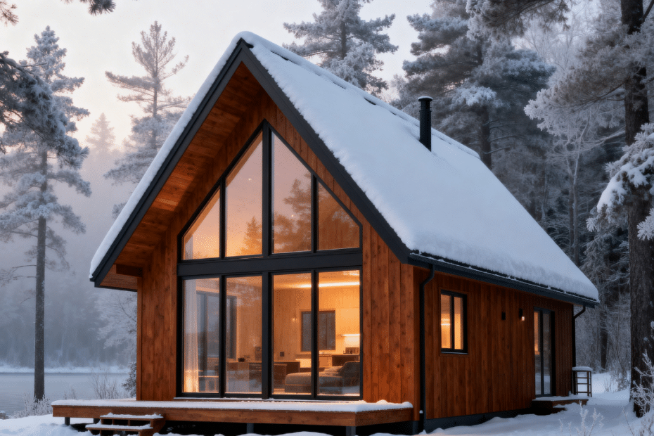 Energy efficient cottage building Ontario featuring a modern four-season lakefront home with triple-pane windows and high-performance insulated envelope in winter.
