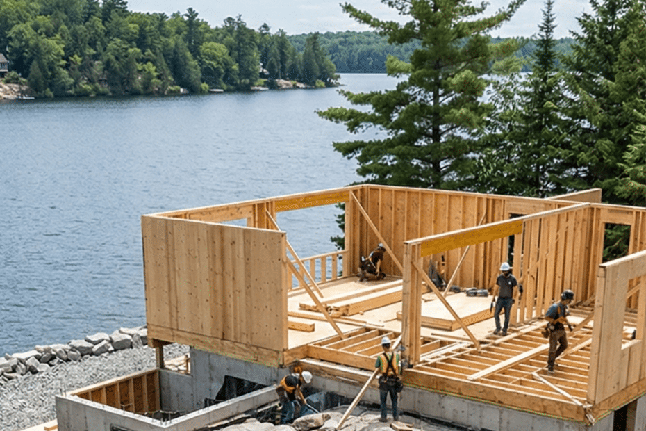 How long does it take to build a cottage in Muskoka illustrated by foundation and framing stage construction with granite excavation along a waterfront site