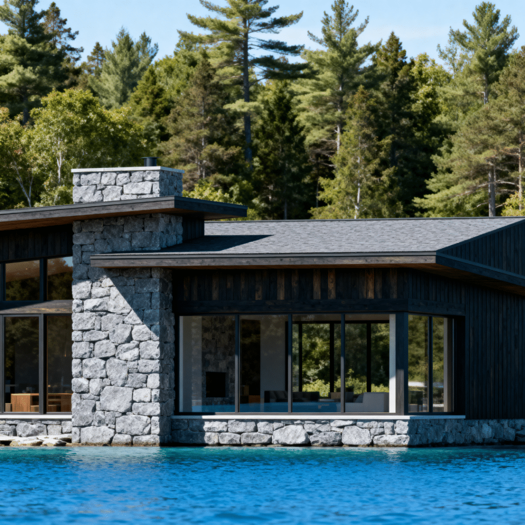 Lake Joseph luxury cottages showcasing refined timber and stone façade with proportioned glazing and disciplined rooflines overlooking the waterfront.