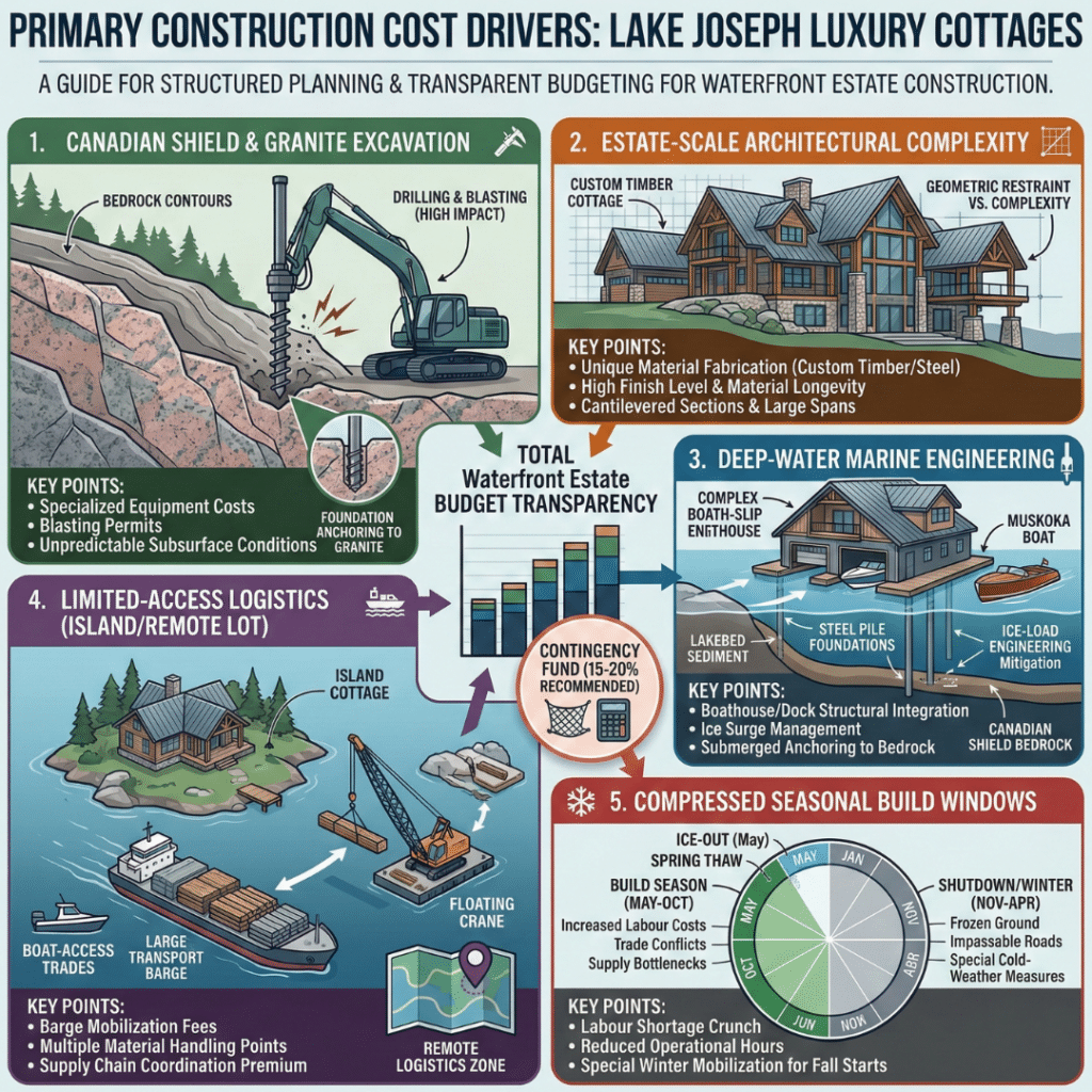 Lake Joseph luxury cottages construction cost factors infographic illustrating granite excavation, estate-scale architecture, deep-water marine engineering, access logistics, and seasonal build constraints.
