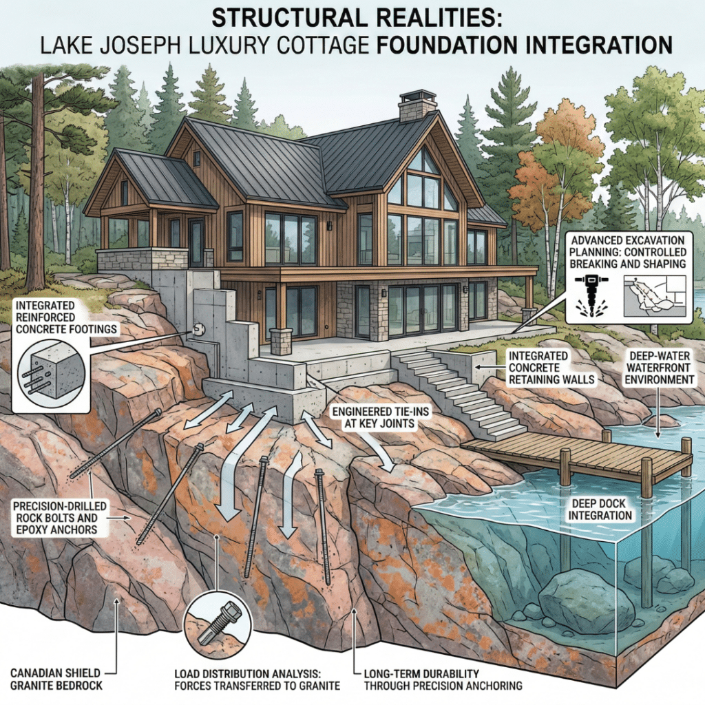 Lake Joseph luxury cottages foundation anchored into exposed Canadian Shield granite with retaining wall integration and structural tie-ins.