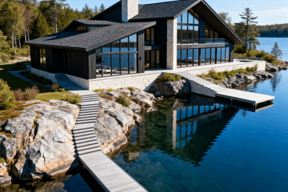 Lake Joseph luxury cottages estate-scale waterfront residence with granite shoreline, deep-water dock, and architecturally disciplined rooflines in Muskoka.
