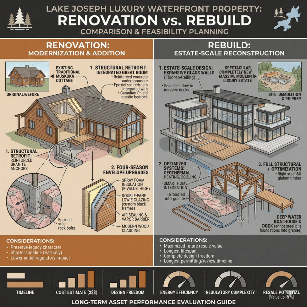 Lake Joseph luxury cottages renovation versus rebuild comparison showing structural retrofit into granite foundation and modernized waterfront estate reconstruction.