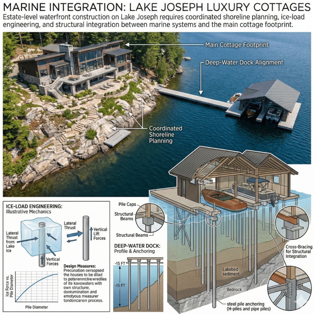 Lake Joseph luxury cottages two-slip boathouse with steel pile anchoring and deep-water dock aligned to main waterfront residence.