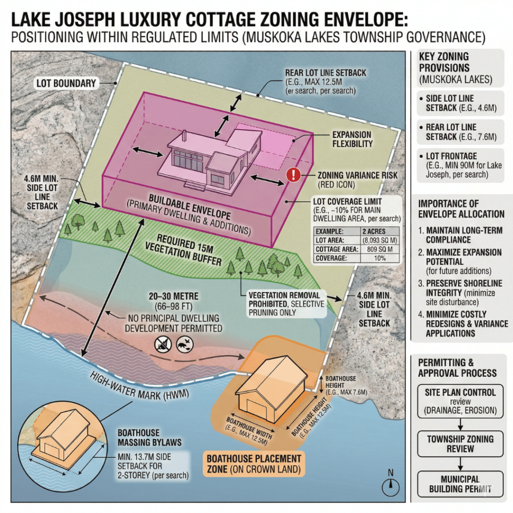 Lake Joseph luxury cottages zoning envelope infographic showing 20–30 metre shoreline setback, cottage footprint, boathouse envelope, and vegetation buffer requirements.