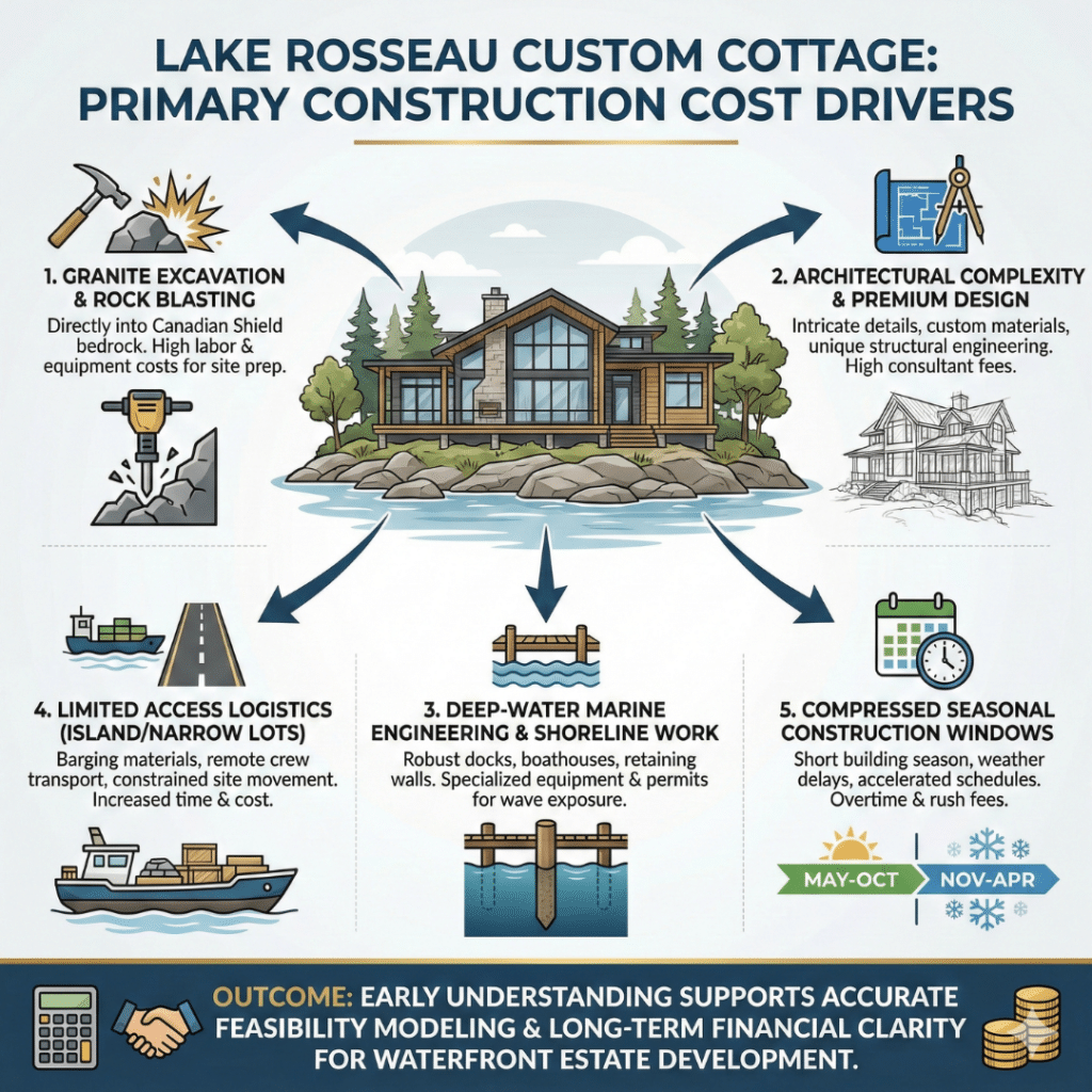 Lake Rosseau custom cottages construction cost factors infographic illustrating granite excavation, architectural complexity, deep-water marine engineering, limited access logistics, and seasonal construction windows.