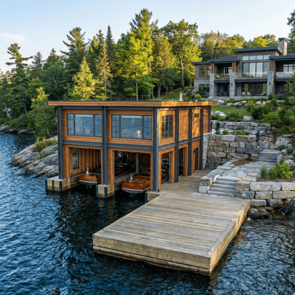 Lake Rosseau custom cottages two-slip boathouse with steel pile anchoring and deep-water dock integrated with the main waterfront residence.