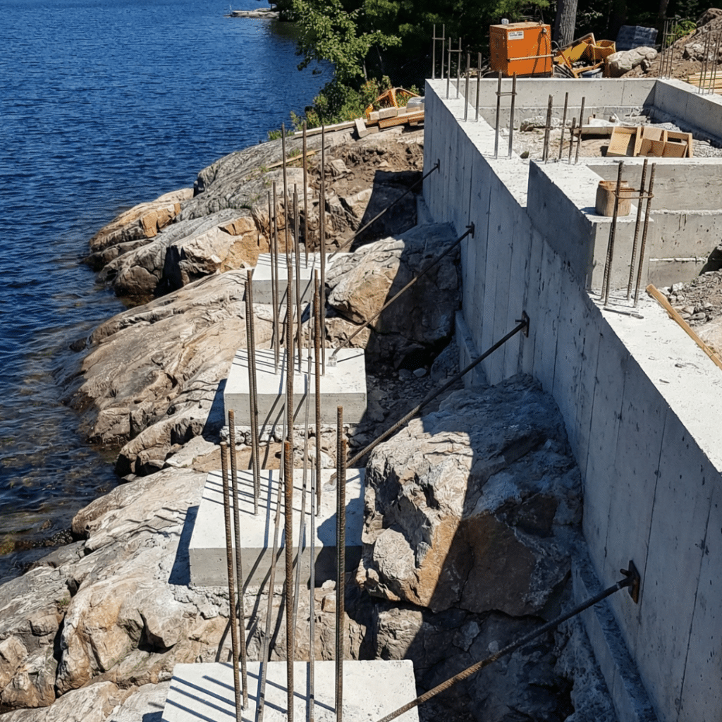 Lake Rosseau custom cottages foundation anchored into exposed Canadian Shield granite with retaining wall integration along waterfront shoreline.