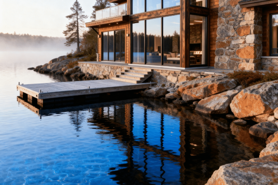 Lake Rosseau custom cottages luxury waterfront estate with granite shoreline, deep-water dock, and architecturally refined lake-facing residence.
