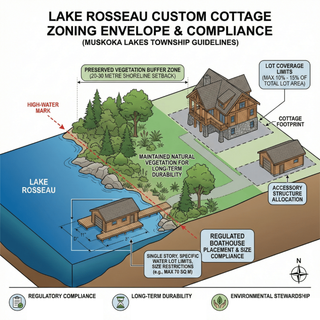 Lake Rosseau custom cottages zoning envelope infographic showing 20–30 metre shoreline setback, lot boundary, cottage footprint, boathouse envelope, and preserved vegetation buffer.