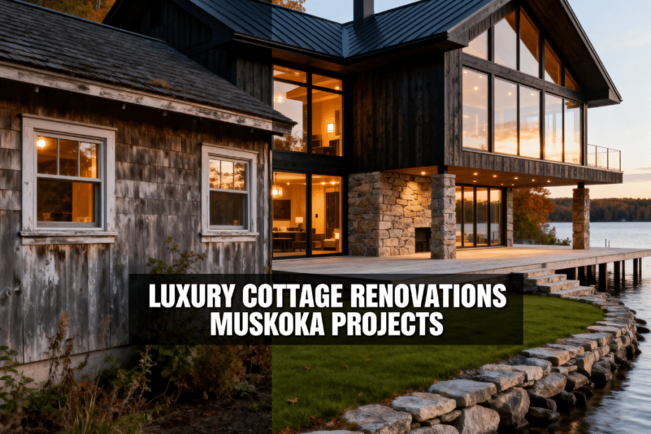 Luxury cottage renovations Muskoka before-and-after comparison showing waterfront structural upgrade, expanded glazing, and modernized estate façade on the Canadian Shield shoreline.