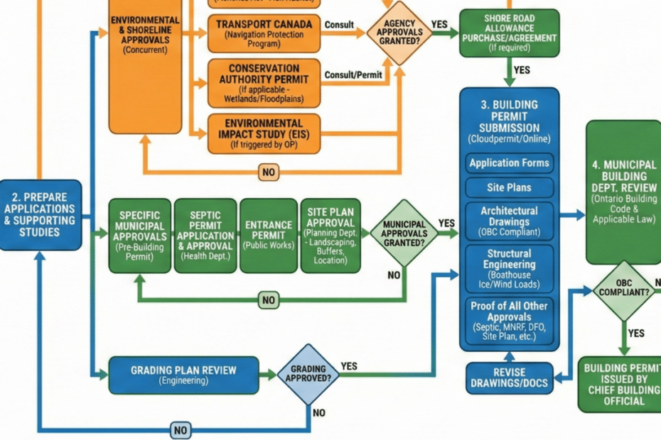 Muskoka Building Permit Process flow diagram showing zoning review, Ontario Building Code compliance, shoreline approvals, inspections, and occupancy stages