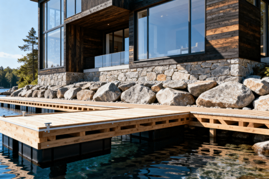 Port Carling cottage builders waterfront home with structured dock integration along the Indian River channel and exposed granite shoreline.