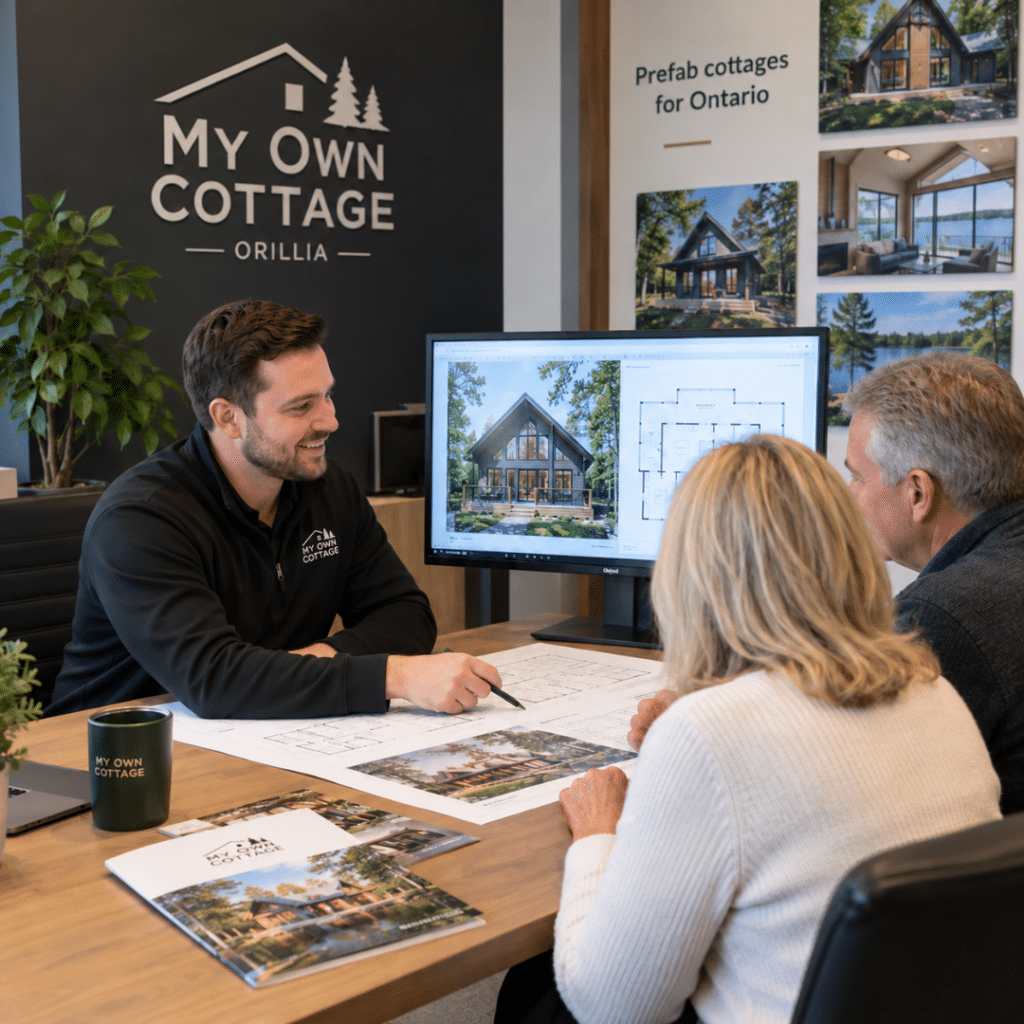 Port Carling Cottage Builders consultation with My Own Cottage staff and prospective buyers discussing a prefab cottage project at the Orillia facility.