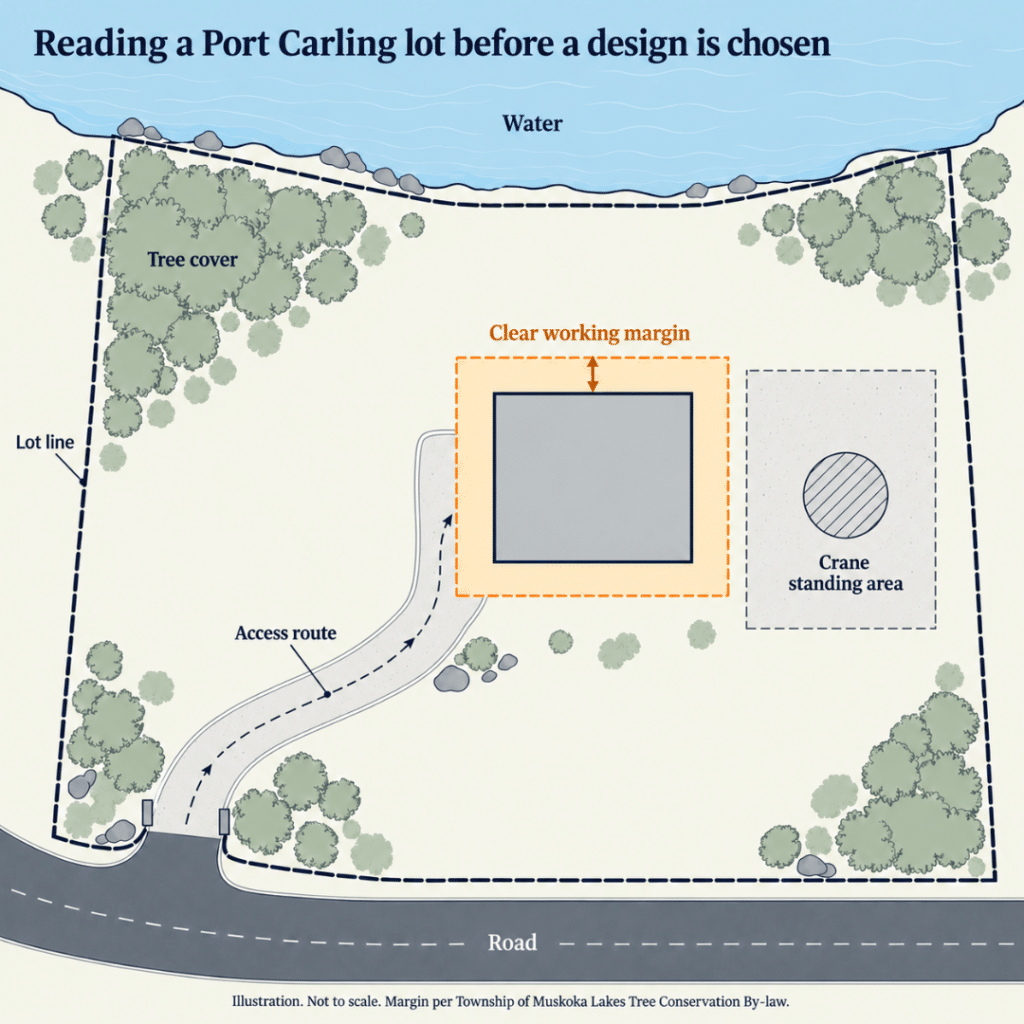 Port Carling Cottage Builders lot-access plan showing the building envelope, clear working margin, access route and crane standing area on a waterfront lot.