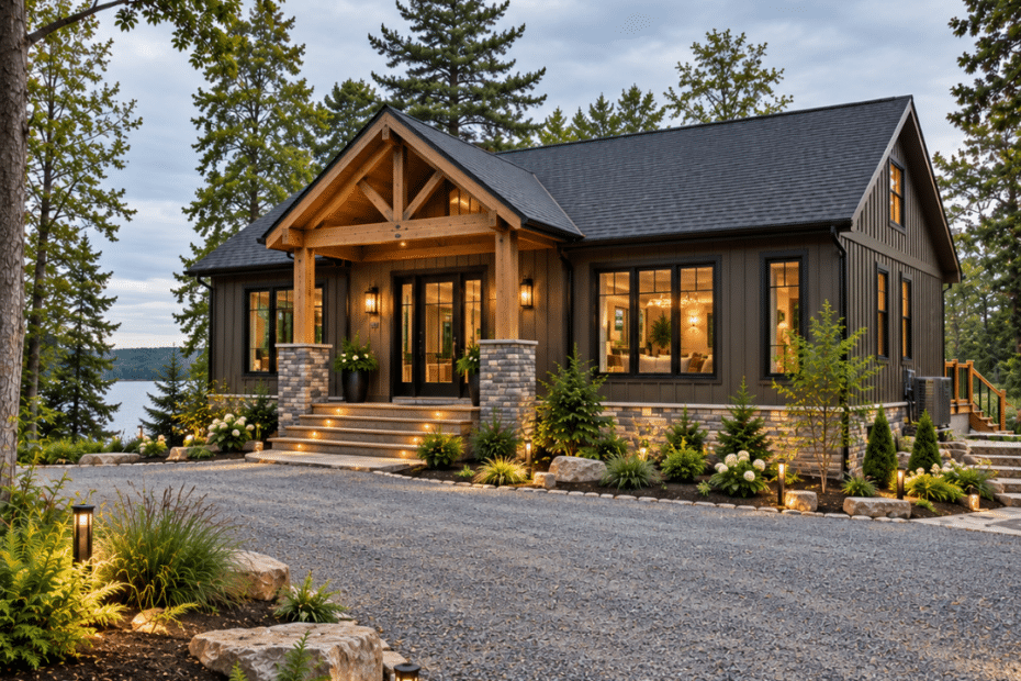 Port Carling Cottage Builders – completed custom cottage set into a wooded Muskoka lot with a gravel approach and natural landscaping.