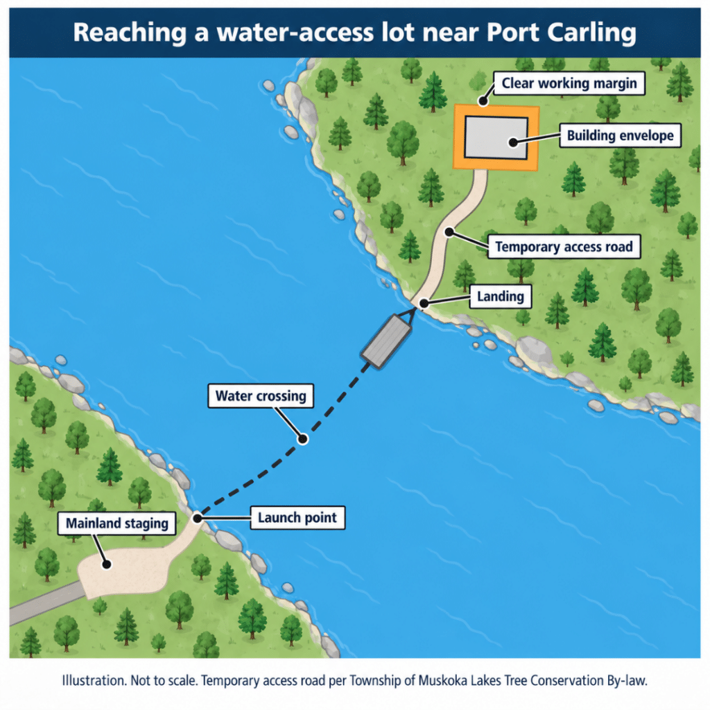 Port Carling Cottage Builders water-access lot diagram showing mainland staging, a barge crossing, shoreline landing, temporary access road and building envelope.