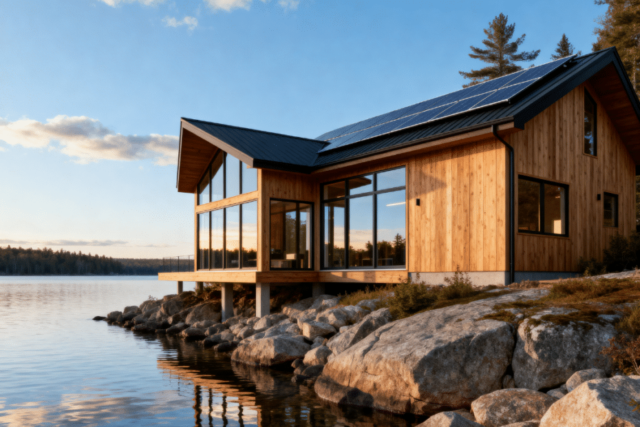 Sustainable eco-friendly cottages Muskoka high-performance waterfront estate with triple-glazed windows, engineered rooflines, and granite shoreline integration.