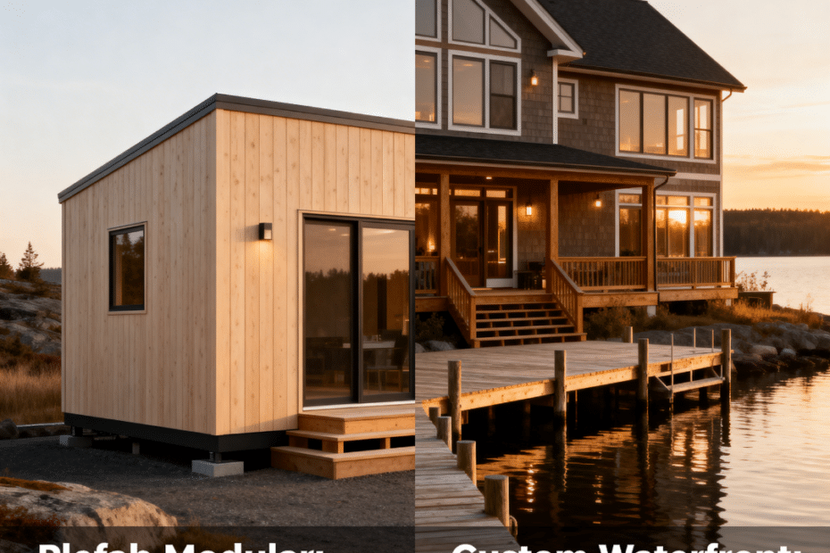 Turnkey cottage cost Ontario 2026 comparison showing prefab modular cottage and custom waterfront lake home with pricing overlay $450K–$1.2M+