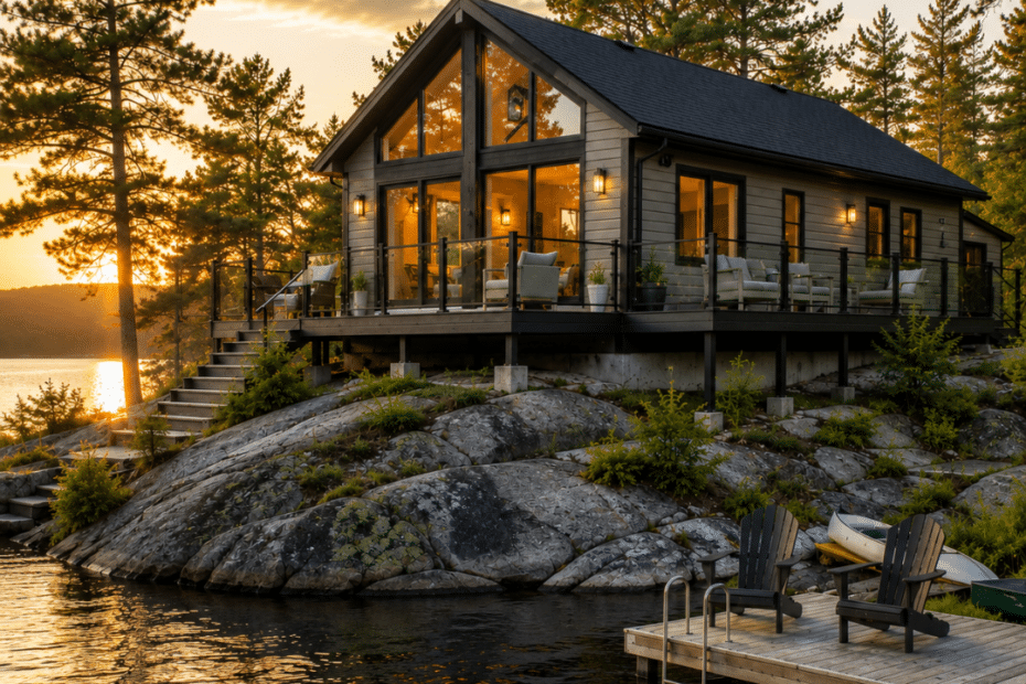 Turnkey cottage cost Ontario example showing a completed four-season lakefront cottage on a granite shoreline with a dock, pine trees, and move-in-ready interior lighting.