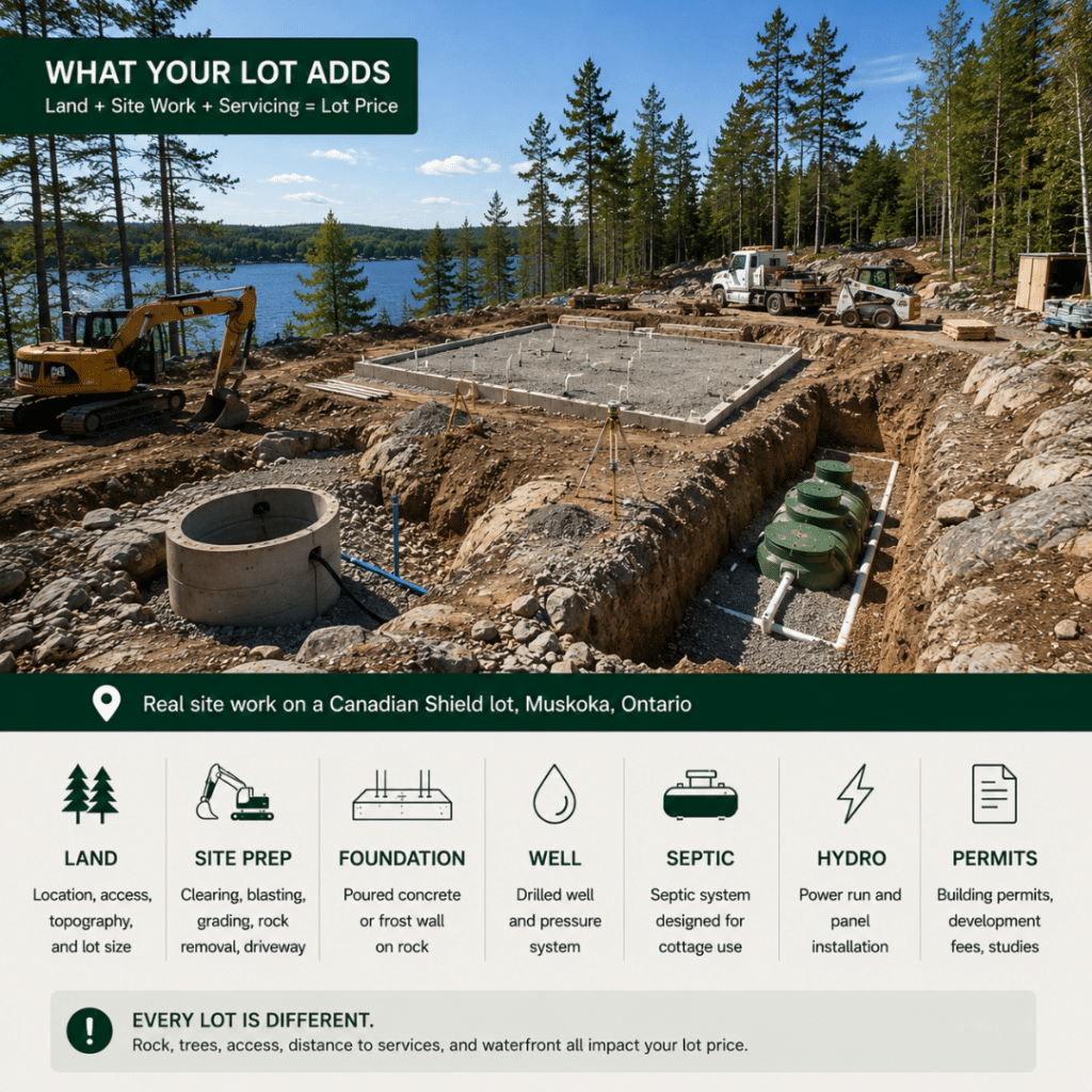 Ontario cottage construction site showing foundation work, septic installation, excavation, and servicing costs that contribute to turnkey cottage cost Ontario projects.