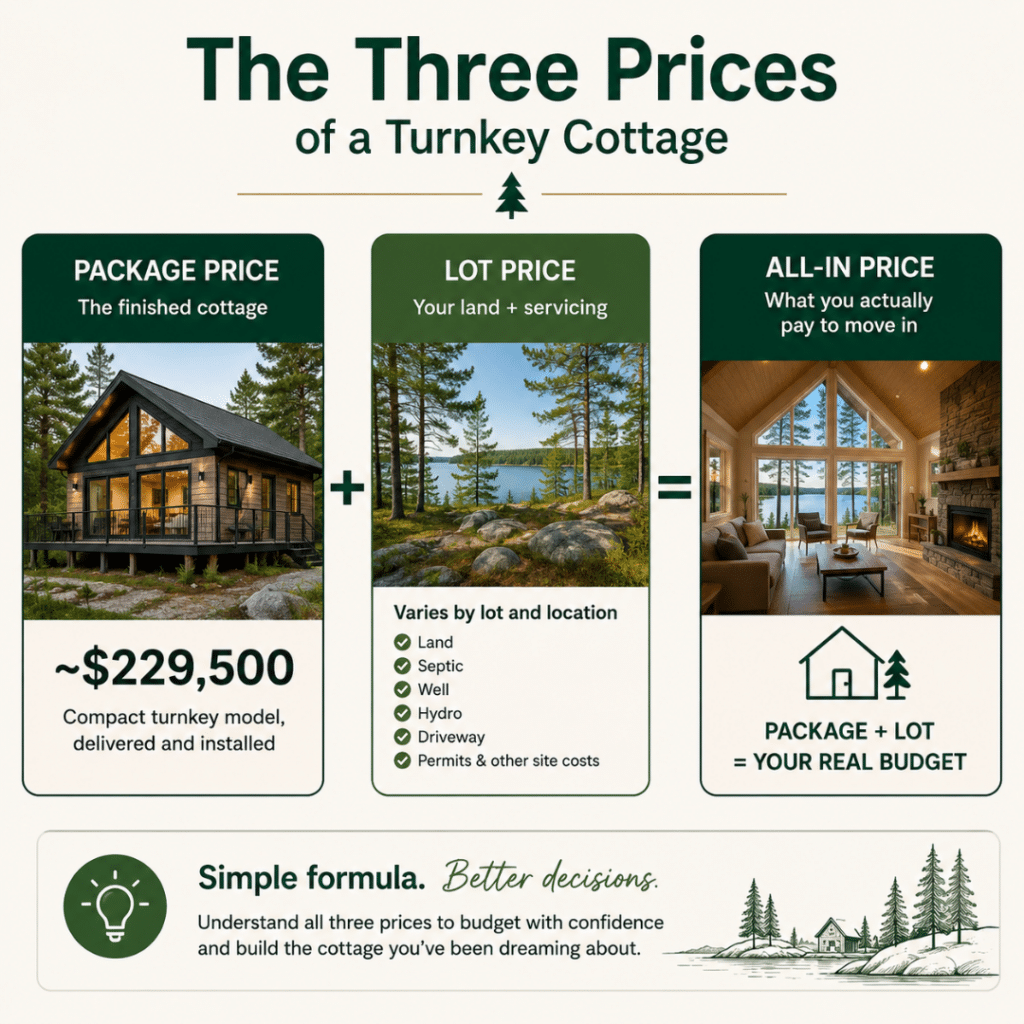 Turnkey cottage cost Ontario infographic showing how package price plus lot price equals the all-in cost of building and moving into a turnkey cottage.