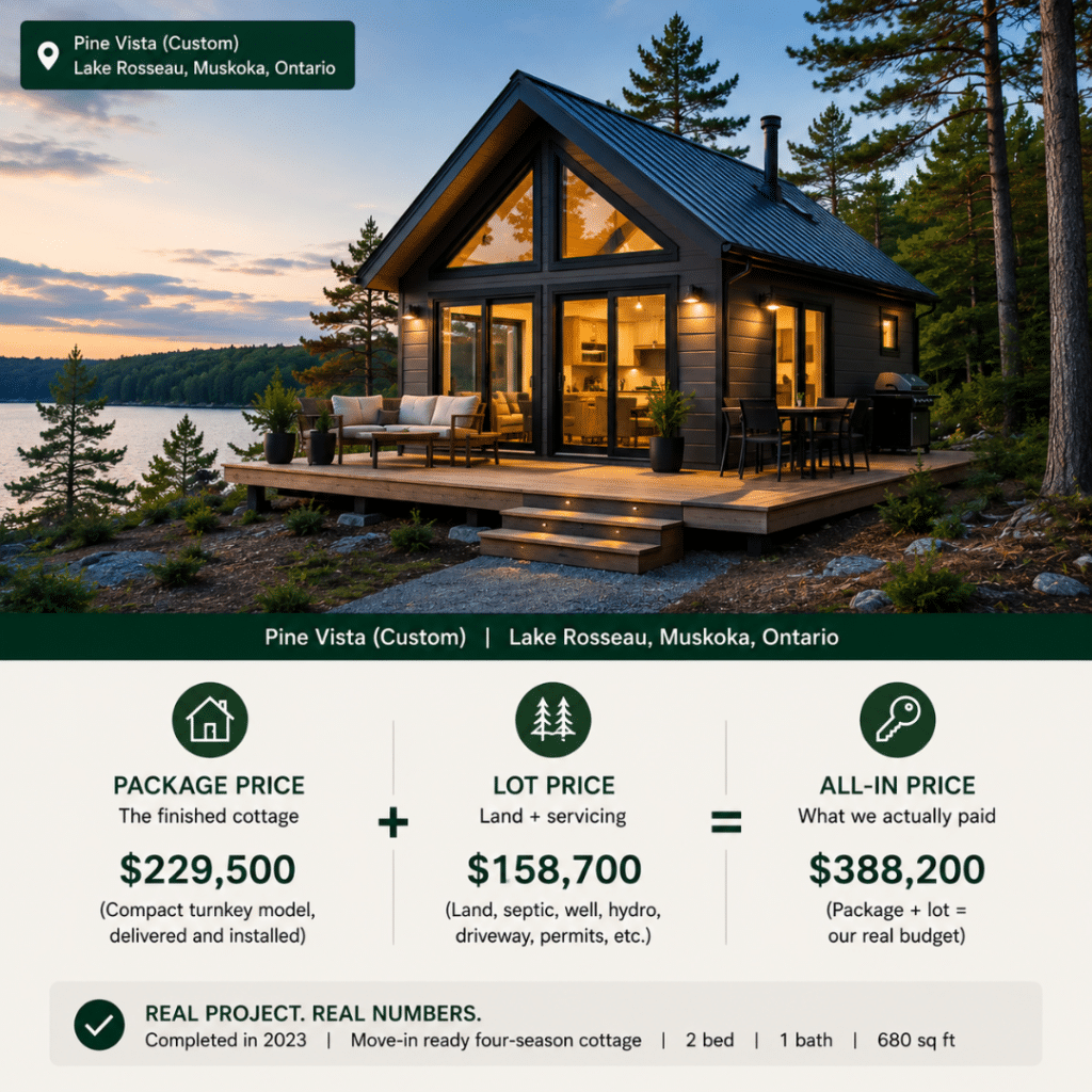 Real turnkey cottage cost Ontario example showing how package price and lot servicing costs combine to create the final all-in cottage budget.