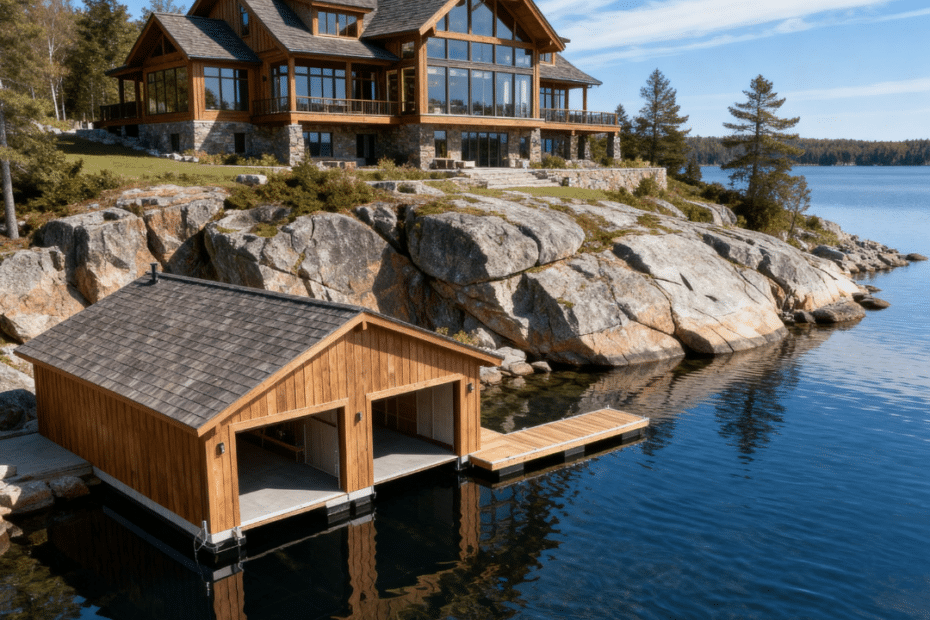 Luxury waterfront construction Muskoka estate showing integrated cottage and two-slip boathouse on granite shoreline with coordinated architectural massing.