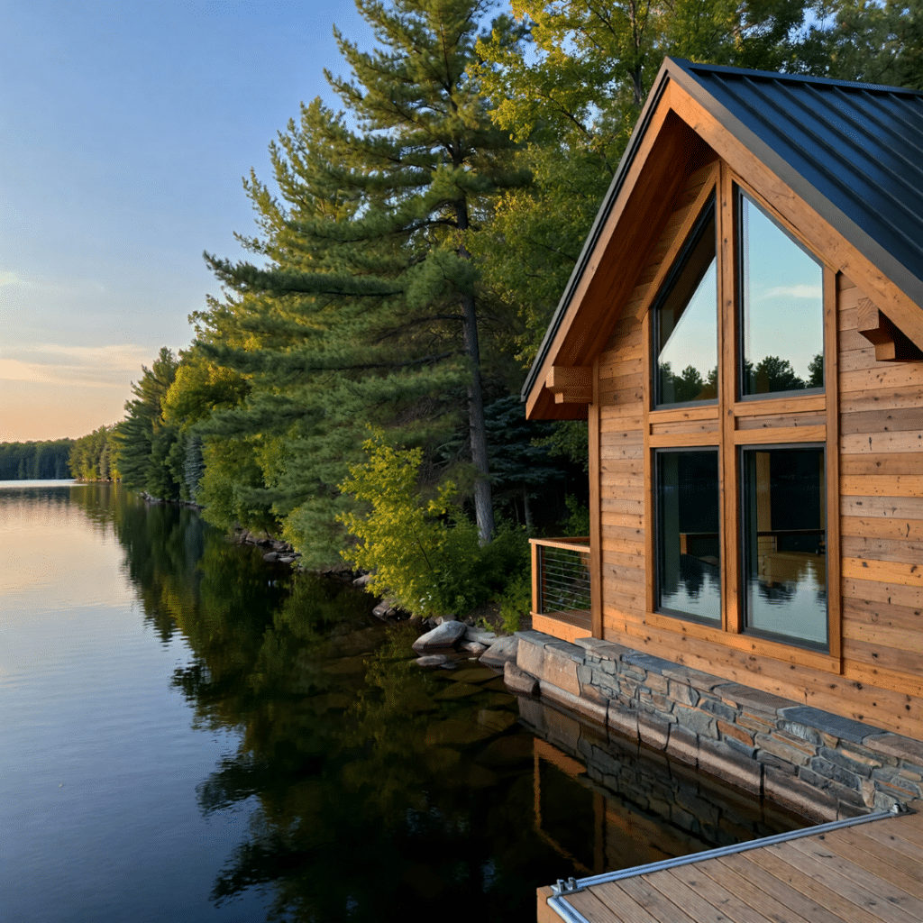 Best lakes to build a cottage near Kingston showing an affordable rural lake cottage on a quiet shoreline similar to Sharbot Lake in Eastern Ontario