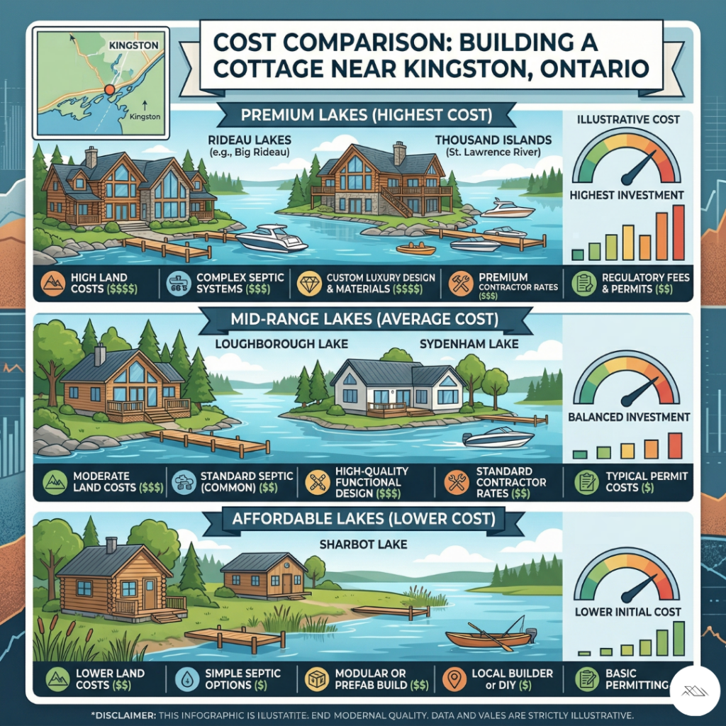 Best lakes to build a cottage near Kingston cost comparison showing premium mid-range and affordable lake options in Eastern Ontario
