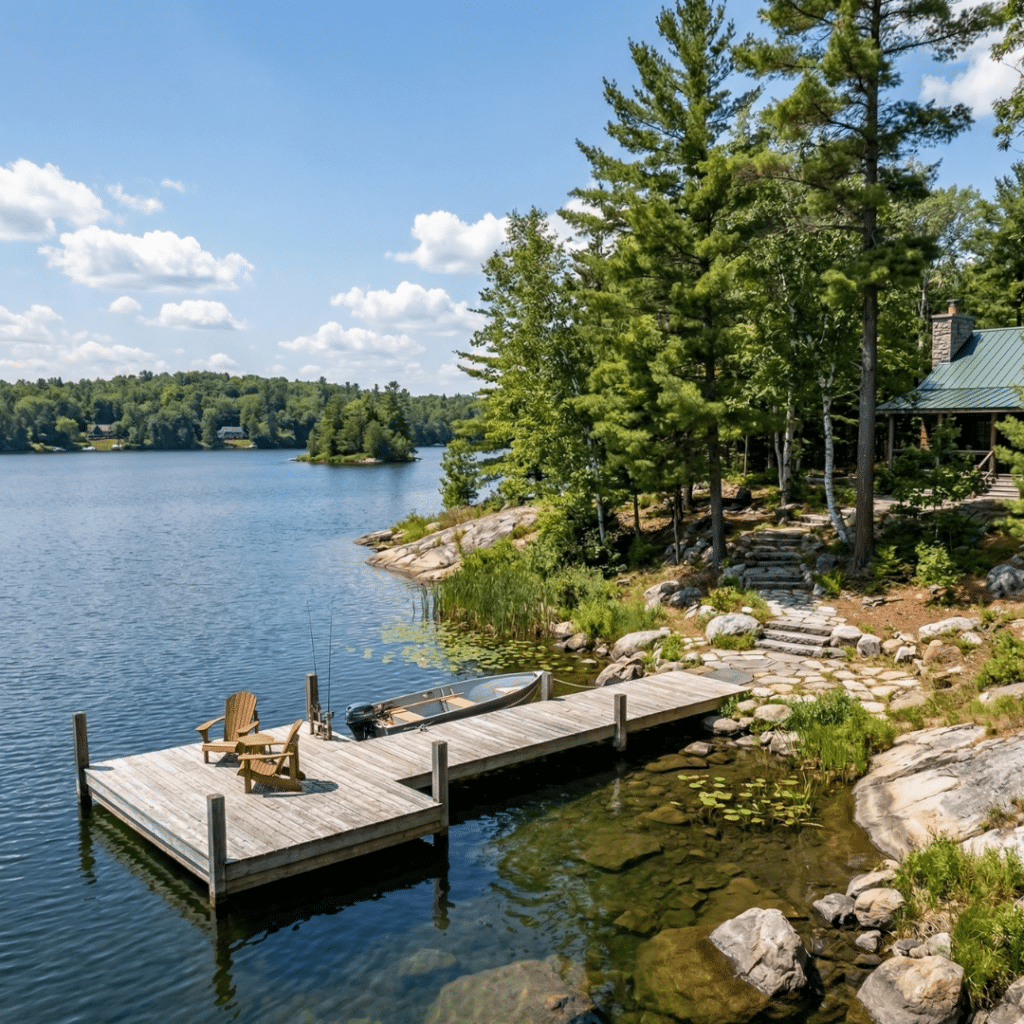 Best lakes to build a cottage near Kingston showing waterfront dock and natural shoreline access on an inland lake in Eastern Ontario