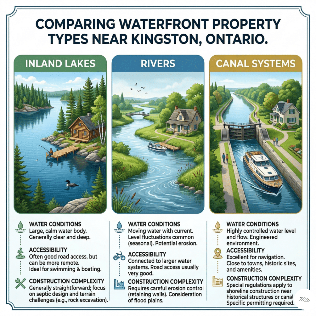 Best lakes to build a cottage near Kingston comparison showing lake vs river vs canal waterfront types in Eastern Ontario