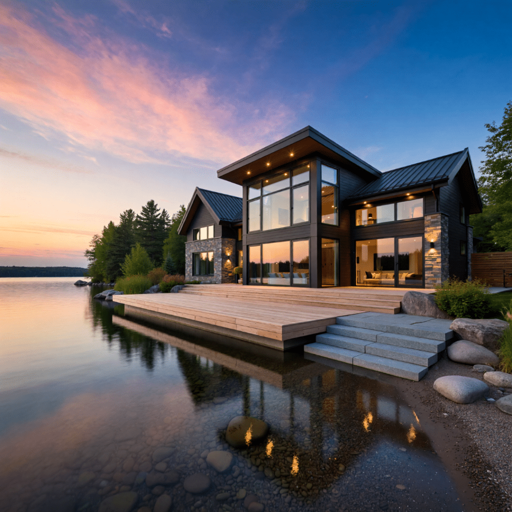 Best lakes to build a cottage near Kingston featuring a modern waterfront cottage with large windows and lakefront shoreline in Eastern Ontario