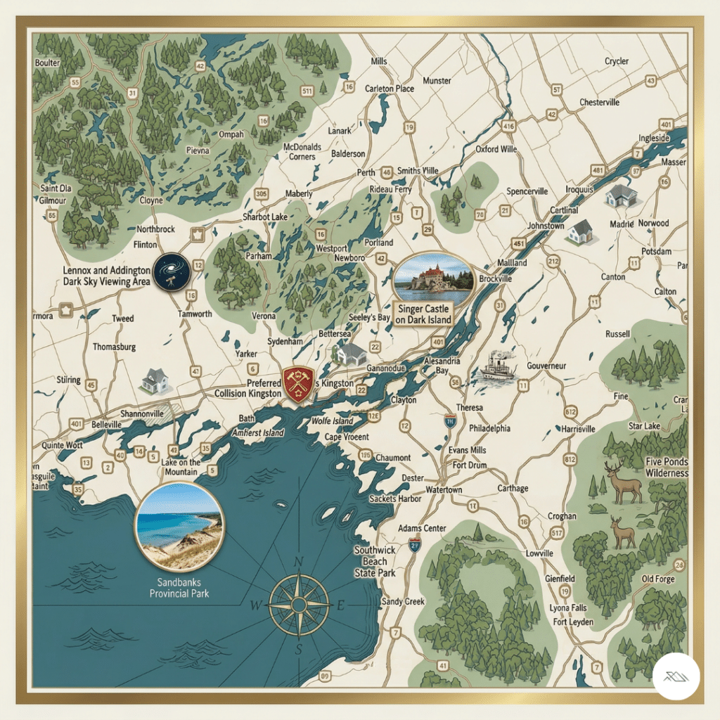 Map of best lakes near Kingston showing Frontenac County Rideau Lakes and Thousand Islands waterfront cottage regions in Eastern Ontario
