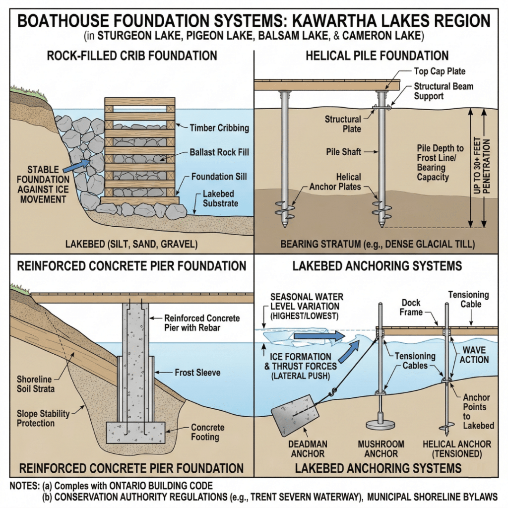 Engineering diagram illustrating how boathouse builders in Kawartha Lakes construct waterfront boathouses using crib foundations, helical piles, and lakebed support systems integrated with dock structures.