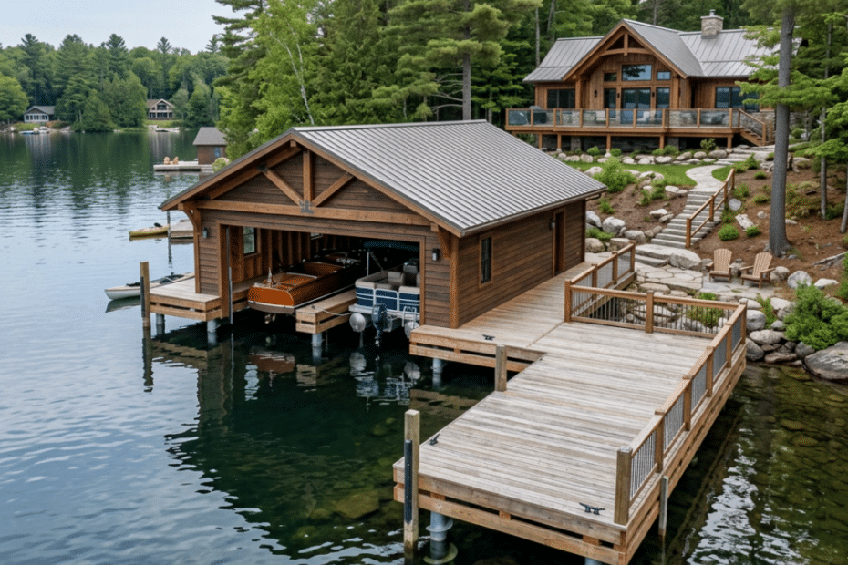 Boathouse and dock on a waterfront cottage property illustrating construction work by boathouse builders in Kawartha Lakes.