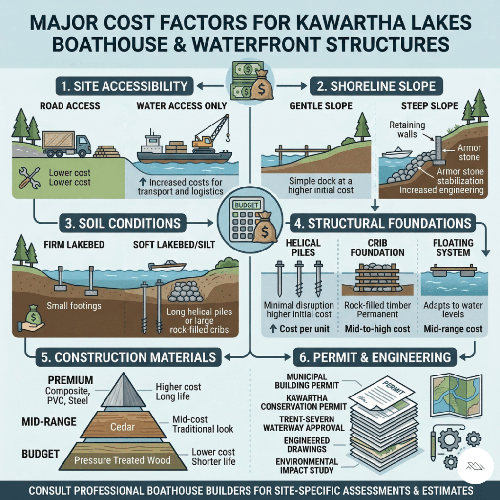 Cost factors affecting boathouse construction by boathouse builders in Kawartha Lakes including site access, shoreline slope, foundation systems, materials, and permit requirements.