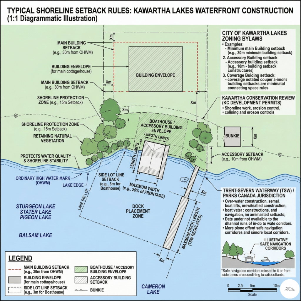 Diagram illustrating shoreline setback requirements and zoning rules used by boathouse builders in Kawartha Lakes, showing building envelopes, dock placement, and waterfront construction limits near the lake edge.