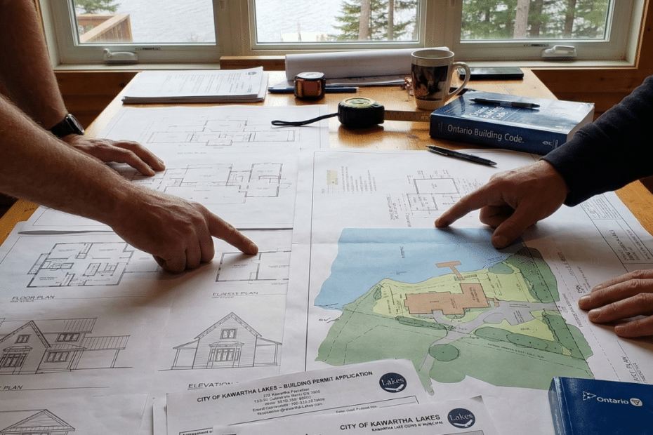 Construction plans and permit documents used when calculating building permit costs in Kawartha Lakes for cottage construction projects.