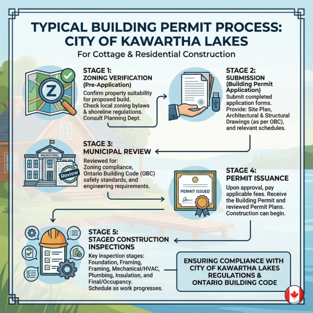 Diagram illustrating the building permit process in Kawartha Lakes, showing steps such as zoning verification, architectural drawings submission, municipal review, permit issuance, and construction inspections.