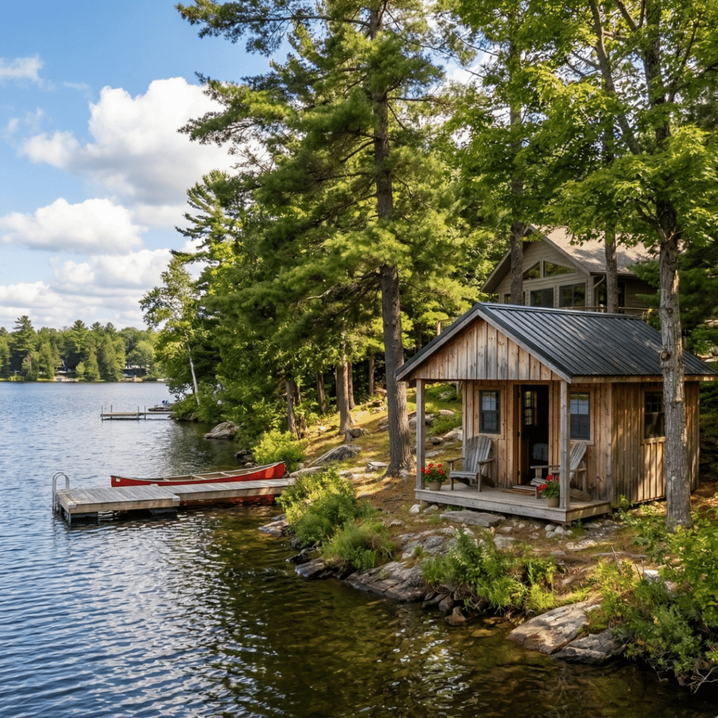 Small lakeside bunkie on a waterfront property built by boathouse builders in Kawartha Lakes, illustrating accessory guest cabins commonly permitted under local zoning bylaws for cottage properties.