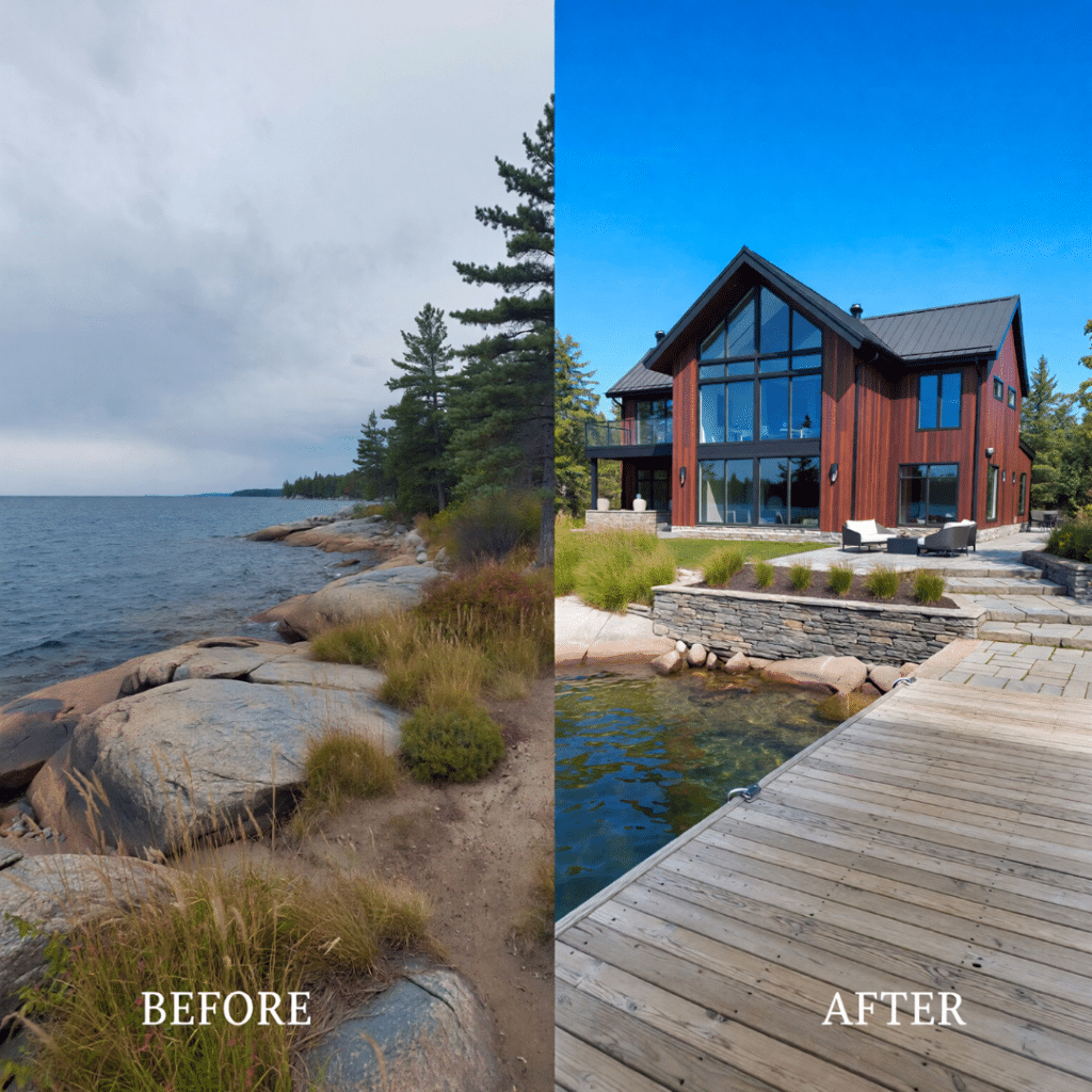 Before and after transformation of waterfront land in Kingston Ontario showing raw shoreline lot and completed cottage build